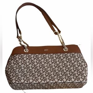 DKNY Brown and Tan Monogram Shoulder Bag with Chain Straps